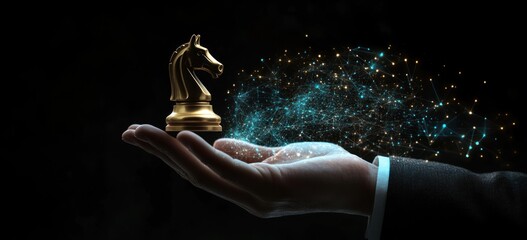 Poster - Hand holds golden knight with digital effect on a dark background.