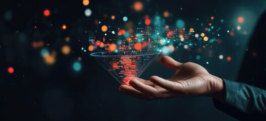 Aufkleber - Data funnel over open hand, futuristic design.