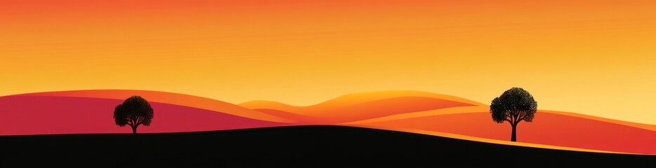 Fototapete - Sunset landscape view with two trees and orange sky.