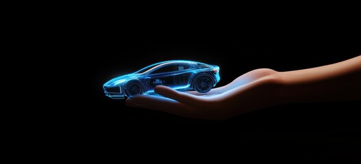 Poster - Glowing blue car hologram in hand, futuristic design.