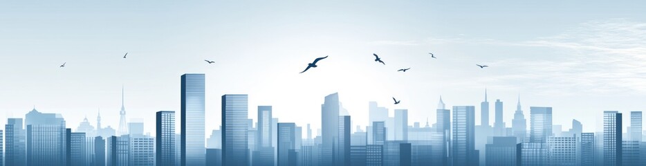 Poster - Stylized, blue city skyline with flying birds on a misty day.