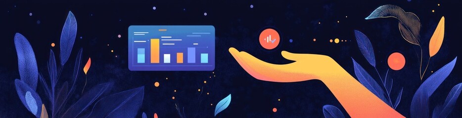 Poster - Graph in space held by gradient hand, leaves and stars abound.