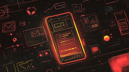Aufkleber - Mobile phone displaying data graphs surrounded by sketch interface icons.