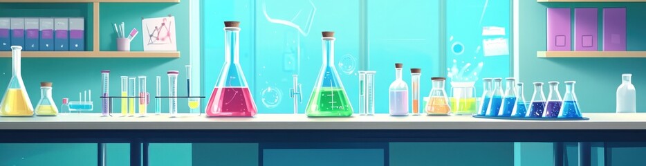 Leinwandbilder - Colorful liquids in beakers on a science lab desk with shelves.