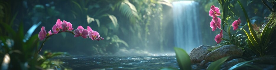 Poster - Tranquil jungle waterfall scene with pink orchids and lush greenery.
