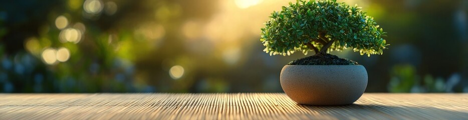 Aufkleber - Bonsai tree in pot on wooden surface with blurred nature background.
