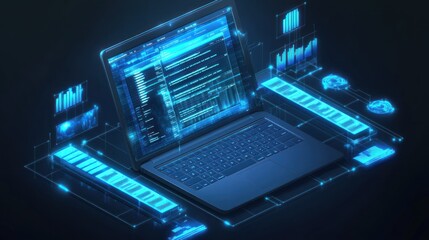 Aufkleber - Laptop displays data, glowing charts, and code.