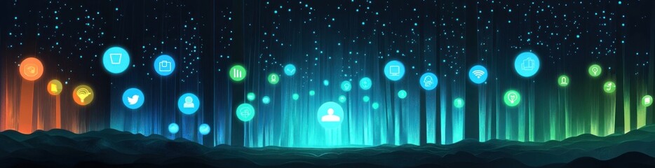 Poster - Glowing digital icons float above landscape, starry night backdrop.