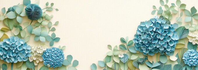 Poster - Blue paper hydrangea flowers with green leaves on beige.