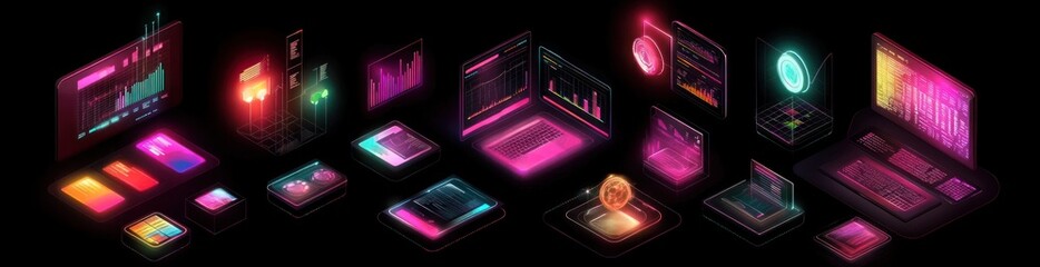 Leinwandbilder - Glowing isometric screens display data in dark background.