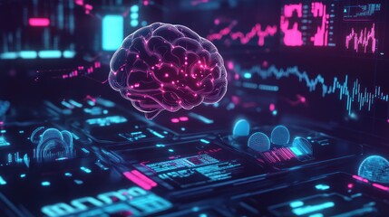 Aufkleber - Neon brain with data, charts, and glowing circuit board.