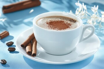 Aufkleber - A cup of coffee isolated on a blue background, closeup shot