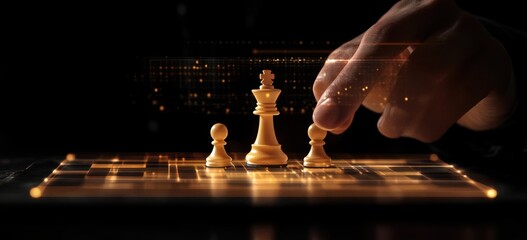 Poster - Hand moving pawn in chess game on digital glowing board.