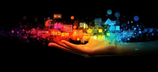 Poster - Hand holds colorful data, tech, information, digital particles on black.