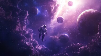 Poster - Astronaut floating among planets and purple nebulae in outer space.
