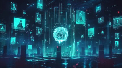 Poster - Digital brain, tech faces, blue glowing.