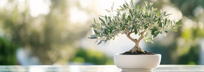 Aufkleber - Small olive tree in white pot with bokeh background.