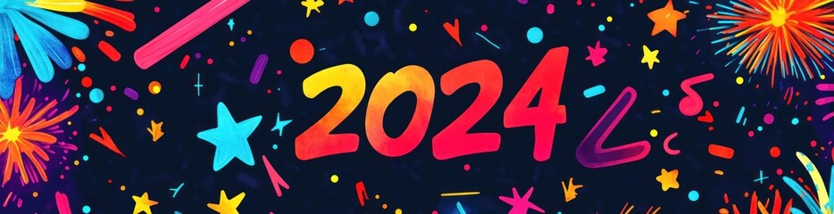 Poster - Colorful 2024 year with star, confetti and firework art on dark background.