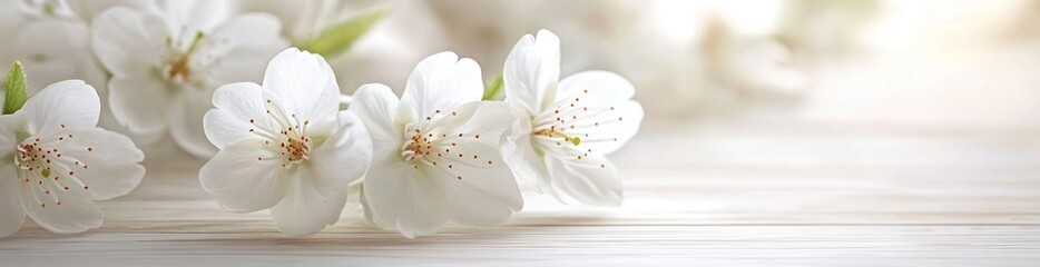 Poster - Delicate white flowers on wood.