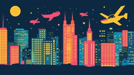 Aufkleber - Stylized cityscape with planes flying at night, bright lights.