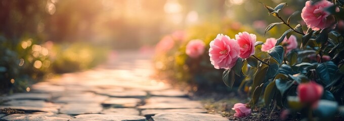 Aufkleber - Pink flowers bloom along garden path at golden hour.