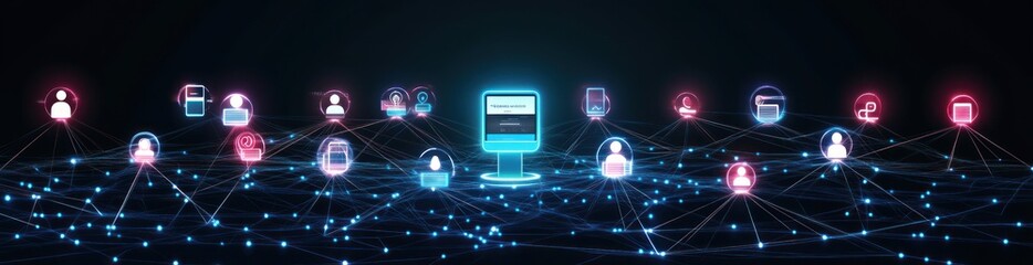 Aufkleber - Networked users connected to a central screen, data flow, glow.
