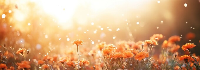 Aufkleber - Orange poppy field glows with sunlight and bokeh sparkles.