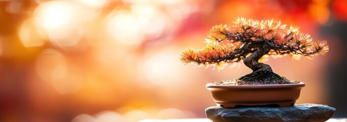 Aufkleber - Bonsai tree with autumn leaves and a blurred golden bokeh background.