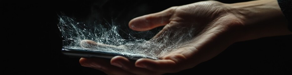 Aufkleber - Hand holds damaged phone with cracks and smoke effect.