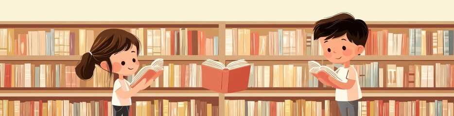 Aufkleber - Kids reading books in library with many shelves and floating book.