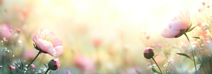 Fototapete - Delicate pink flowers in sunlight, soft focus.