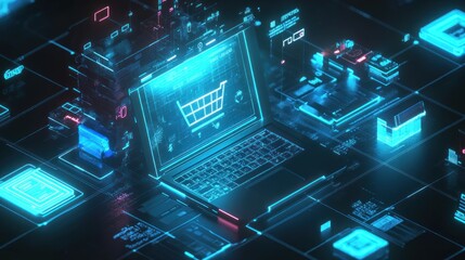 Aufkleber - E-commerce digital network with laptop and shopping cart.