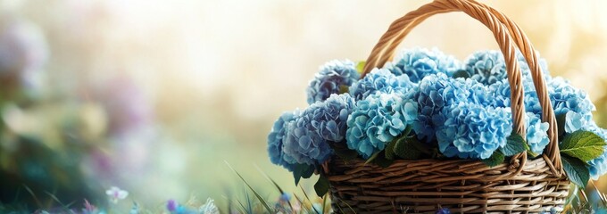 Aufkleber - Wicker basket with blue hydrangeas in sunlit garden.