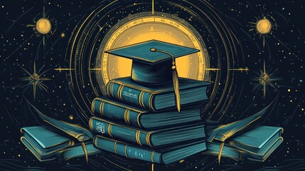 Aufkleber - Graduation cap on books with cosmic background.