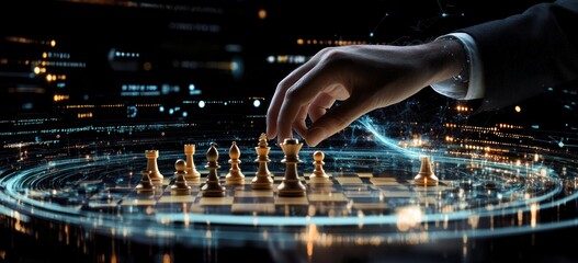 Poster - Hand moving chess piece on digital board with data, black background.