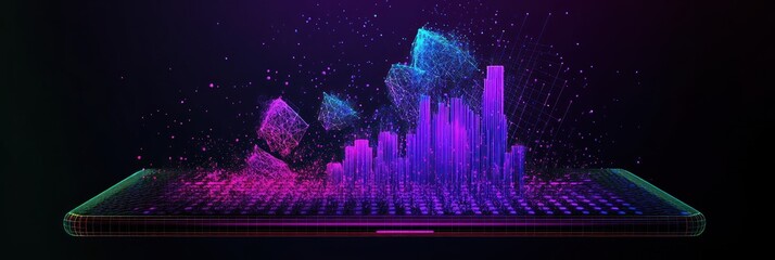 Aufkleber - Abstract city skyline on screen, futuristic digital glow.