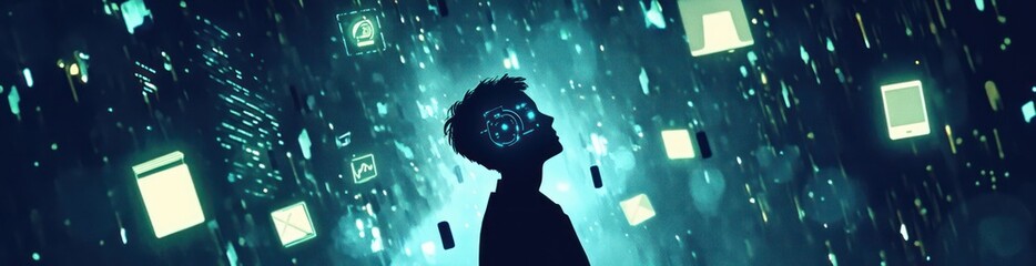 Poster - Man in digital world with icons.