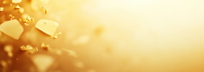 Poster - Golden flakes float on blurry amber gradient background.