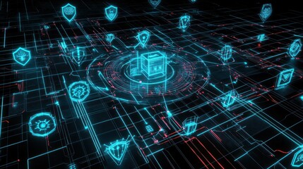 Aufkleber - Glowing box surrounded by security icons in techy grid.