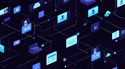 Leinwandbilder - Isometric connected network with interface icons on dark background.