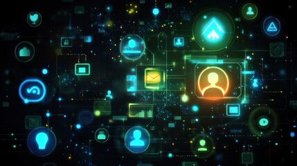 Poster - Digital network with glowing interface icons.