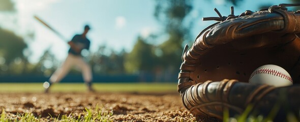 Poster - Baseball glove and ball on field, player with bat in background.