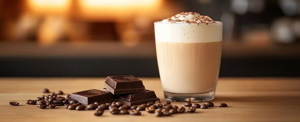 Aufkleber - Latte with chocolate, coffee beans, on wooden surface.