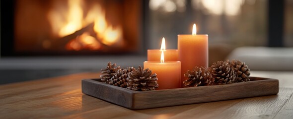 Poster - Lit candles, cones on tray, fireplace.