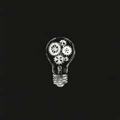 Poster - White chalk sketch of lightbulb with gears inside on black background.