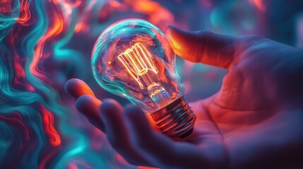 Aufkleber - Hand holding glowing lightbulb, colorful abstract background.