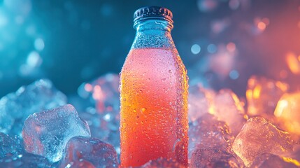 Poster - Chilled orange beverage in glass bottle, ice cubes, cold studio lighting.