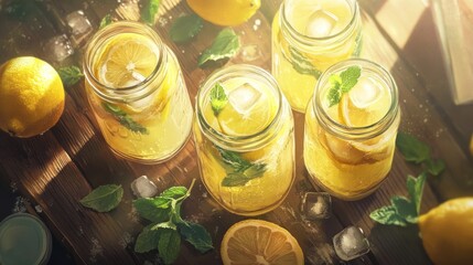 Sticker - Refreshing lemonade in jars, lemons, mint, ice on wooden table, sunlight.