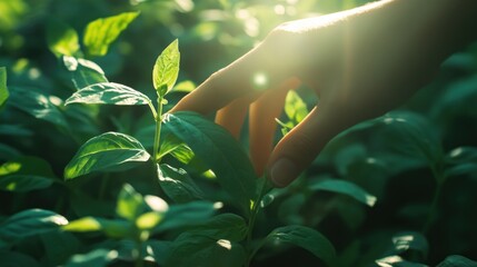 Poster - Hand touches vibrant green seedlings, illuminated by sunlight.