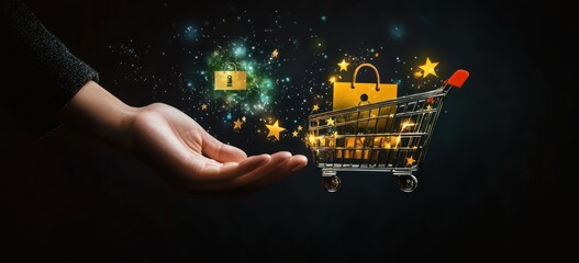 Poster - Hand holds shopping cart, sparkling, security, sale.